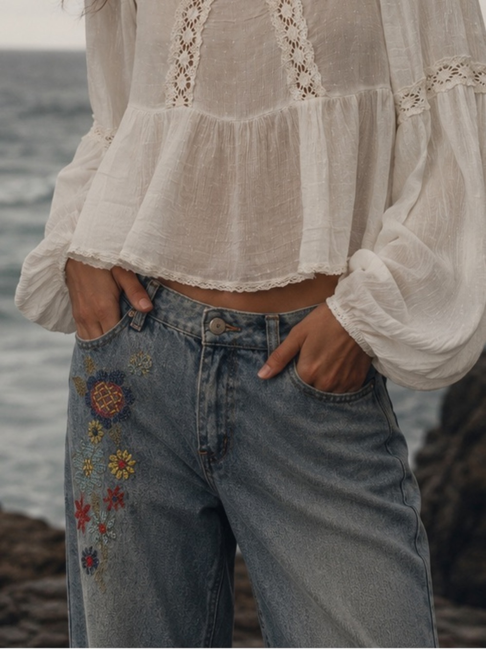 Organic Blue Boho Floral Criss Stitch Embroidered Jeans, Size 7/8, NWT